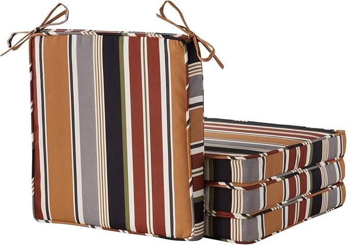 Outdoor 18 inch Square Patio Dining Chair Pads – Comfortable Fiber-Filled Seat Cushions with Ties, Reversible Polyester Fabric - Brick Stripe, Set of 4