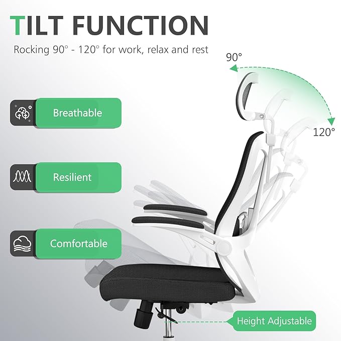 350 LBS Ergonomic Office Computer Mesh Chair - Adjustable Height Rolling Desk Chair with Flip-Up Armrests & High Back Support - Comfortable Swivel Task Chair for Home Office (03WHITE-Black)