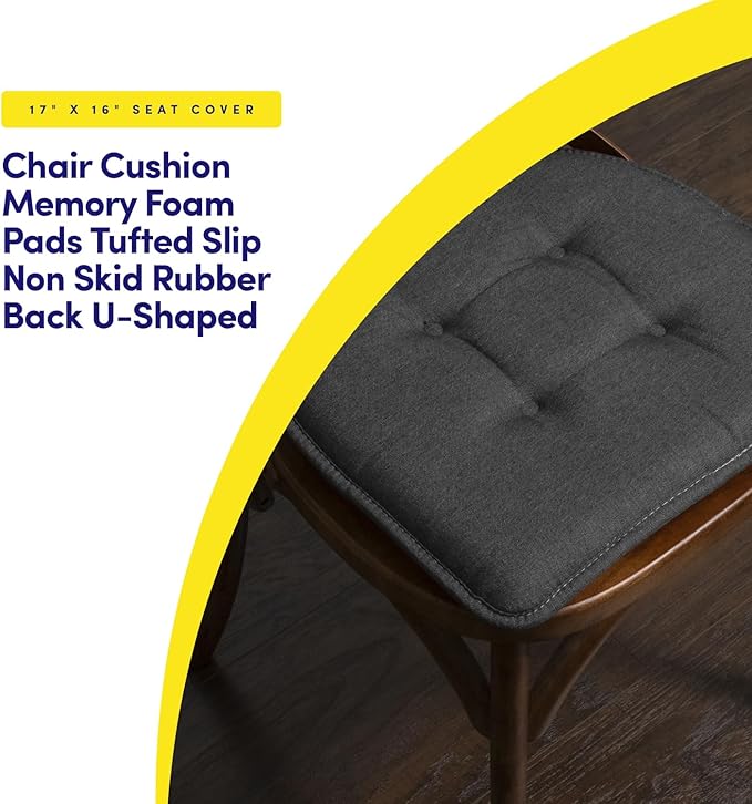 Sweet Home Collection Chair Cushion Memory Foam Pads Tufted Slip Non Skid Rubber Back U-Shaped 17" x 16" Seat Cover, 6 Pack, Charcoal Gray