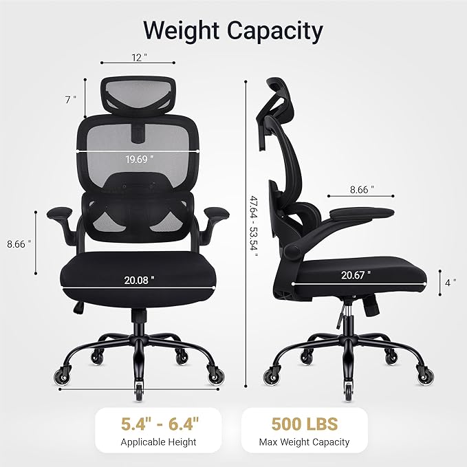Office Chair Ergonomic Chair with Flip up Armrests, Adjustable Lumbar Support Computer Chair with Breathable Mesh Back Home Office Computer Chairs for Long Hours Mesh Office Chair