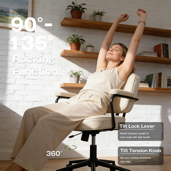 Office Desk Chair, Ergonomic Desk Chair with Padded Cushion & Backrest, Adjustable Height & 360° Swivel, Armrest Task Chair for Home Office, Computer Desk & Vanity, Beige