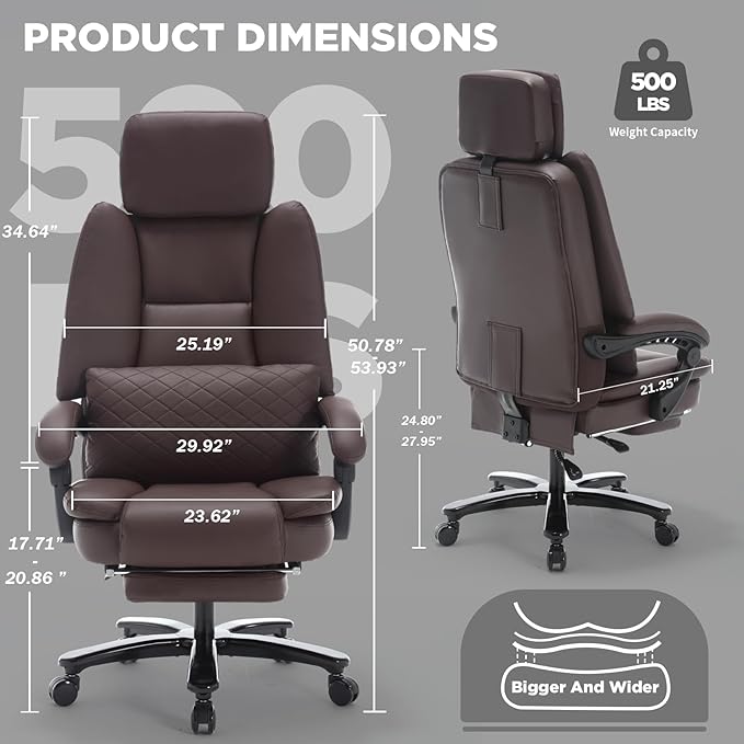 500lbs Plus Size Office Chair with Lumbar Support, PU Leather Big and Tall Heavy Duty Reclining Office Desk Chair with Foot Rest, Brown