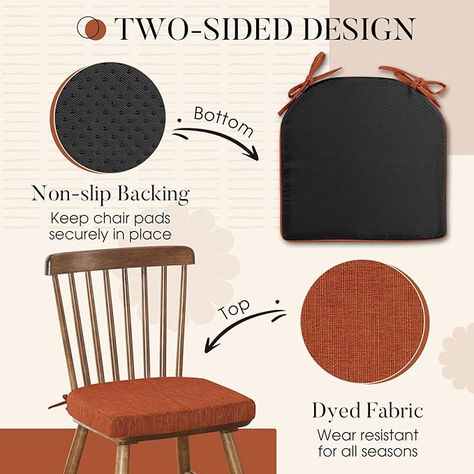 Basic Beyond Memory Foam Dining Chair Cushions, 6 Pack, 16 x 16 inches, Rust with Slip-Resistant Backing and Ties