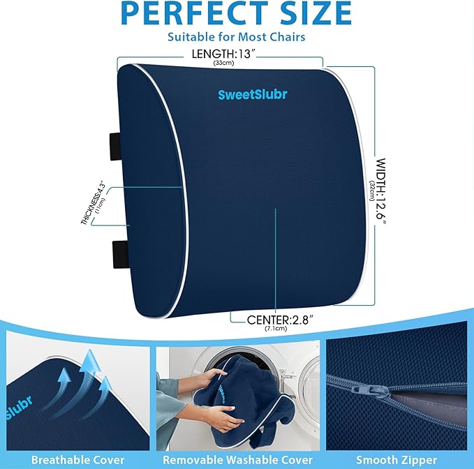 SweetSlubr Lumbar Support Pillow for Office Chair, Car Seats and Home Desks, Ergonomic Back Support with Double Adjustable Straps, Machine Washable Cover, Gray