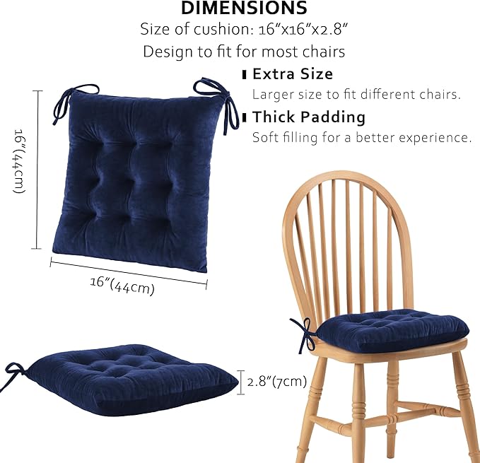 ELFJOY 4 Pack Chair Cushions for Dining Chairs Chair Pads Cushion for Kitchen Office Tufted Square Seat Cushion with Ties (16" Navy Velvet)