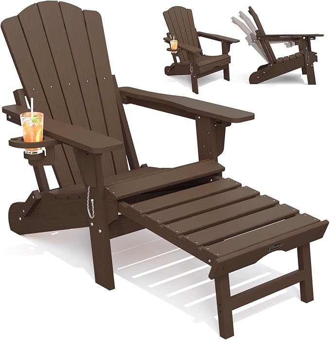 THOEOE Adjustable Adirondack Chair with Retractable Ottoman, HDEP Folding Adirondack Chairs with Footrest 2-in-1 Cup Holder, All Weather Outoor Fire Pit Chair with Foot Rest Set 1 Brown