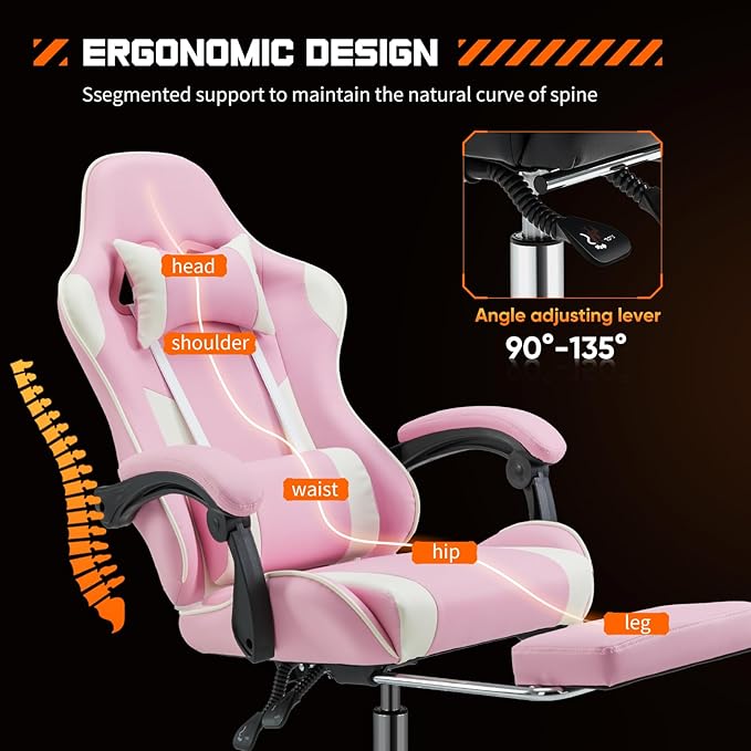 Sweetcrispy Video Game Chair - Ergonomic Lumbar Support Computer Desk with Footrest,Comfy PU Leather Recliner with Headrest, Fixed Up Armrest, Height Adjustable with 360° Swivel, for Adults, Pink