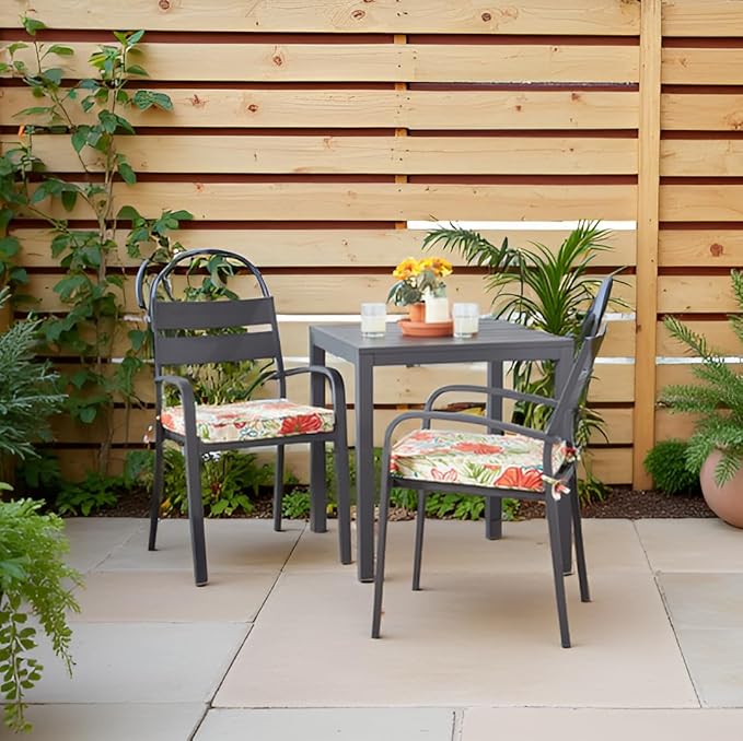 Outdoor 18 inch Square Patio Dining Chair Pads – Comfortable Fiber-Filled Seat Cushions with Ties, Reversible Polyester Fabric - Breeze Floral, Set of 2
