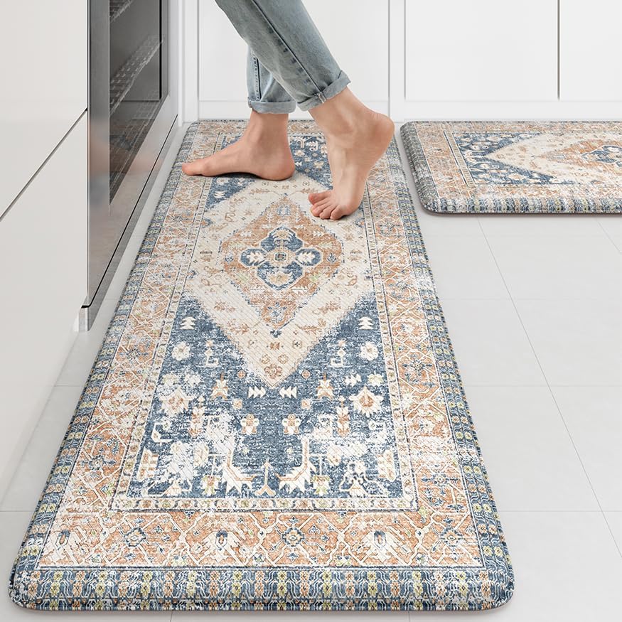 KIMODE Kitchen Rugs and Mats 2PCS Cushioned Anti Fatigue Kitchen Mats Blue