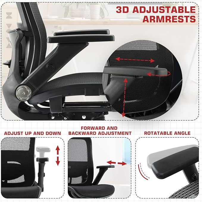 Office Chair Ergonomic Mesh Chair High Back Computer Desk Chair with 3D Armrest Adjustable Lumbar Support and Headrest Receling Chair, Black