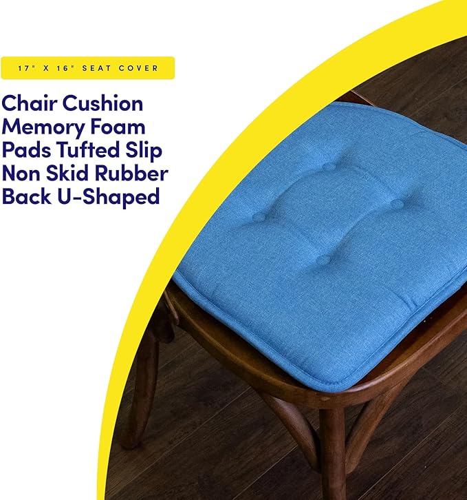 Sweet Home Collection Chair Cushion Memory Foam Pads Tufted Slip Non Skid Rubber Back U-Shaped 17" x 16" Seat Cover, 6 Count (Pack of 1), Turquoise
