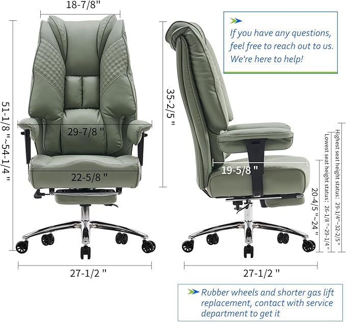 EXCEBET Big and Tall Office Chair 400lbs Wide Seat, Leather High Back Executive Office Chair with Foot Rest, Ergonomic Chairs Lumbar Support for Lower Back Pain Relief (Light Green)