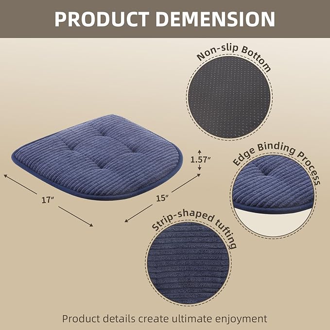 Memory Foam Chair Cushion, U-Shape 17" x 15" Tufted Non-Slip Back Seat Cushion for Dinning Room, Office, Kitchen, 4 Counts, Dark Blue