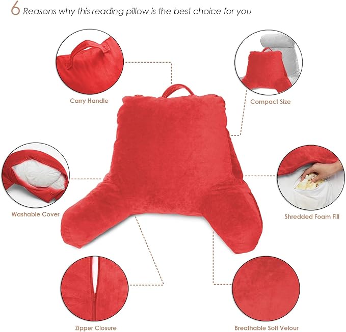 Clara Clark Reading Pillow with Shredded Memory Foam for Sitting Up in Bed and Couch, Back and Arms Adjustable Support for Adults & Teens Backrest Pillows for Reading, with Washable Cover Red
