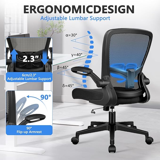 KLASIKA Desk Chairs with Wheels, Ergonomic Mesh Office Chair Adjustable Height and Swivel Lumbar Support Home Office Chair with Flip Up Armrests, Set of 14