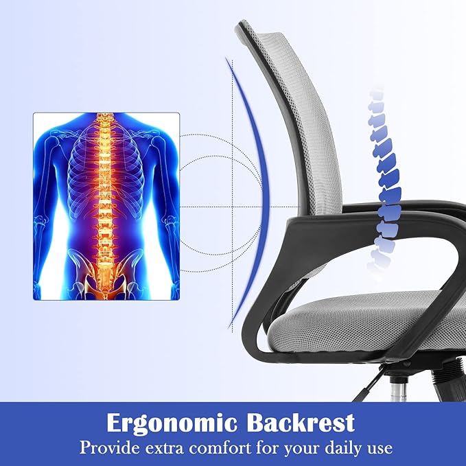 MKDLUFEI Modern Grey Mesh Office Chair with Lumbar Support Arms, Adjustable Height, Breathable Mesh Backrest, Comfortable Home Office Desk Chair for Adults