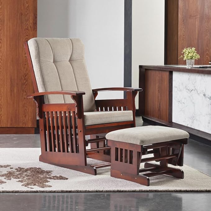 Solid Wood Glider Rocking Chair and Ottoman Set, Rustic Nursery Glider Rocker with Padded Cushion, Smooth Rocking Motion Indoor Living Room Nursing，Napping，Reading, Cream