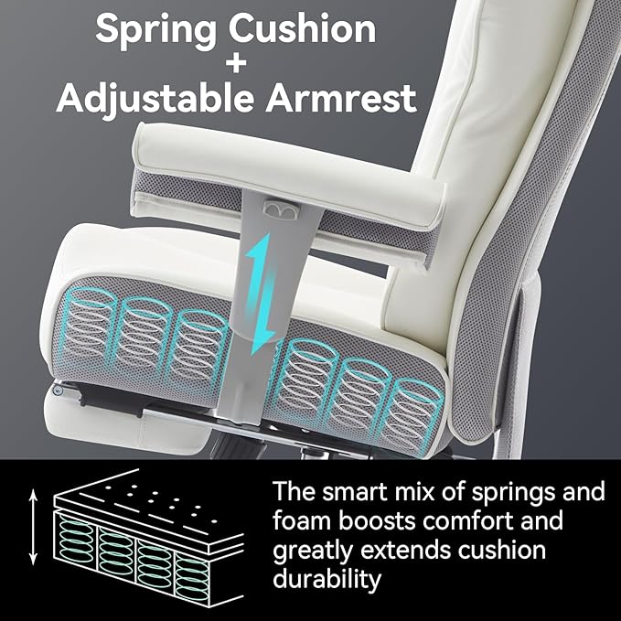 Efomao Big and Tall Office Chair with Footrest, 450lbs High Back Executive Chair with Spring Cushion, PU Leather Upholstery, Padded Armrests, Swivel Base, and Rolling Wheels – White Computer Chair