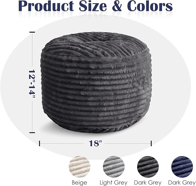 SHOUREN Stuffed Round Ottoman,Corduroy Pouf Ottoman Foot Rest with Foam Filling,Pouf Storage Ottoman Footstool for Living Room,18 X 14 Floor Poufs for Couch - 18 X 14 Inches,Dark Grey