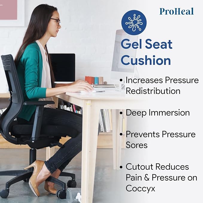 Gel Coccyx Wheelchair Seat Cushion - Tailbone Pressure and Pain Relief - Gel Infused High Density and Resilient Foam with Coccyx Cut Out - 16" x 16" - 2” Low Profile - 1 Year Warranty