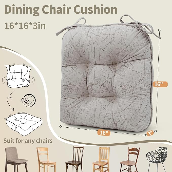 Marble Pattern 3" Chair Cushion for Dining Chair, Filling Bite-Size Memory Foam U-Shaped Seat Cushions for Kitchen Chairs, Non-Slip Indoor Chair Pad with Ties, Set of 4, Wood Color