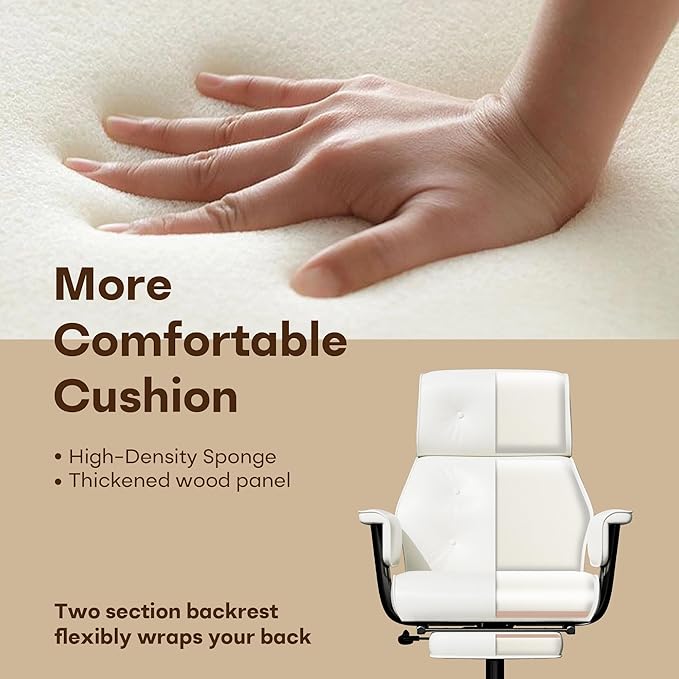 SeekFancy Criss Cross Chair with Wheels and Arms, Reclining Office Chair with Footrest and Wide Seat, Leather Big and Tall Desk Chair 400LBS, Button Tufted Vintage Design, White