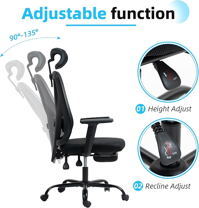 ECOTOUGE Office Computer Desk Chair, Ergonomic High-Back Mesh Work Chairs with Wheels and Adjustable Height, Comfortable Lumbar Support, Comfy Armrest for Home, Bedroom, Study, Black