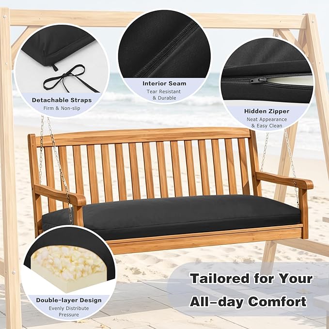 baibu 45Inch Outdoor Bench Cushion Waterproof, Bench Cushions for Outdoor Furniture, Dual-Layer Memory Foam atio Furniture Cushions, Porch Swing Seat Pad with Washable Cover & Ties, 45x16x3.5, Black