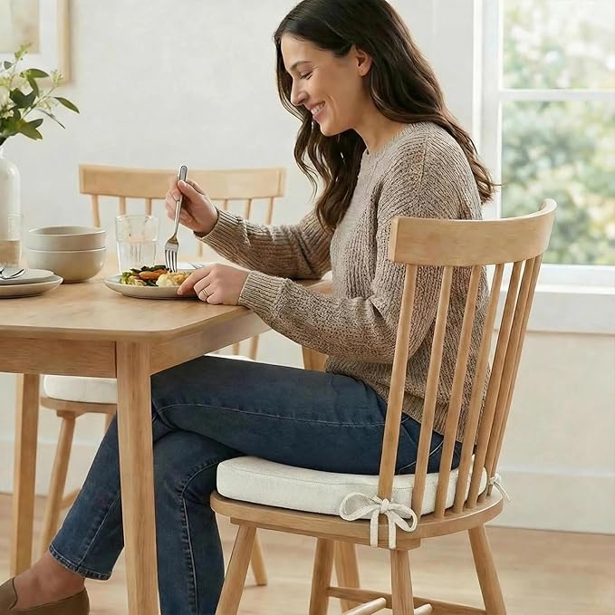 4 Pack Beige Winsor Chair Cushions with Ties, Dining Kitchen Chair Seat Pads Non Slip Removable Washable Cover 17"x16"