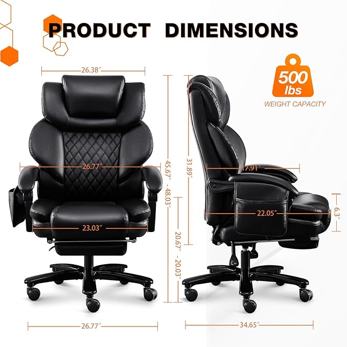 3D Kneading Massage Executive Office Chair for Big and Tall Users – Extra-Wide Ergonomic Seat with Lumbar Support, Reclining Desk Chair with Footrest, 500LBS Capacity for Home and Office