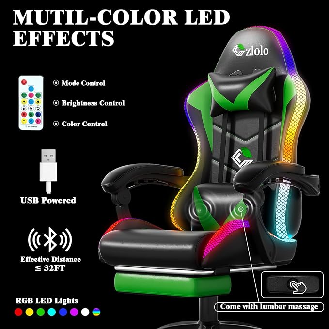 Czlolo Gaming Chair, Racing Style RGB LED Lights Gaming Chairs for Adults and Kids, Lumbar Massager Gamer Chair, High Back Reclining Computer Chair with Footrest and Headrest (Black/Green)
