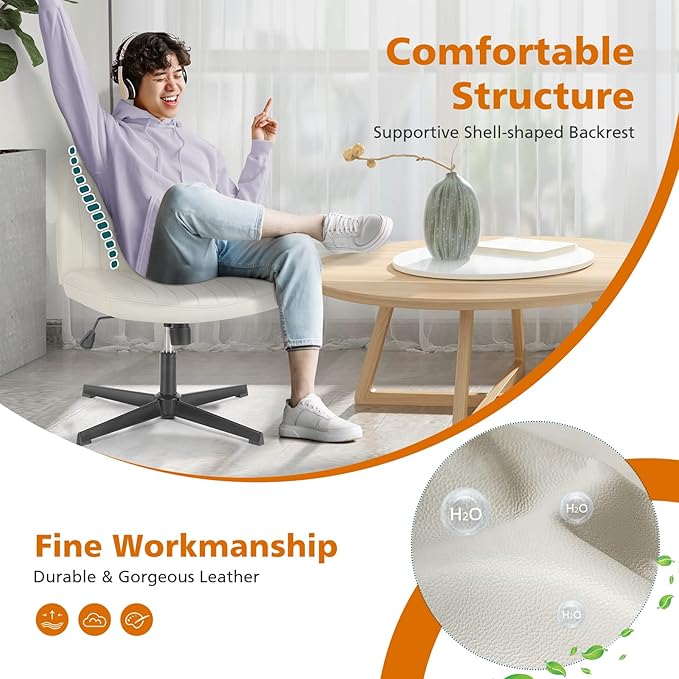 Sweetcrispy Criss Cross Chair Legged, PU Leather Armless Office Swivel Desk Chairs No Wheels, Vanity Height Adjustable Wide Seat Faux Leather Computer Task Chair for Home Bedroom, PU-Beige