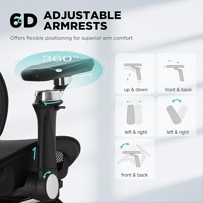 Ergonomic Office Chair with 3-Zone Dynamic Lumbar Support, Big and Tall Mesh Office Chair with Footrest, Adjustable Seat Depth,4D Headrest,6D Armrests, Swivel Executive Chair for Home Office,Black