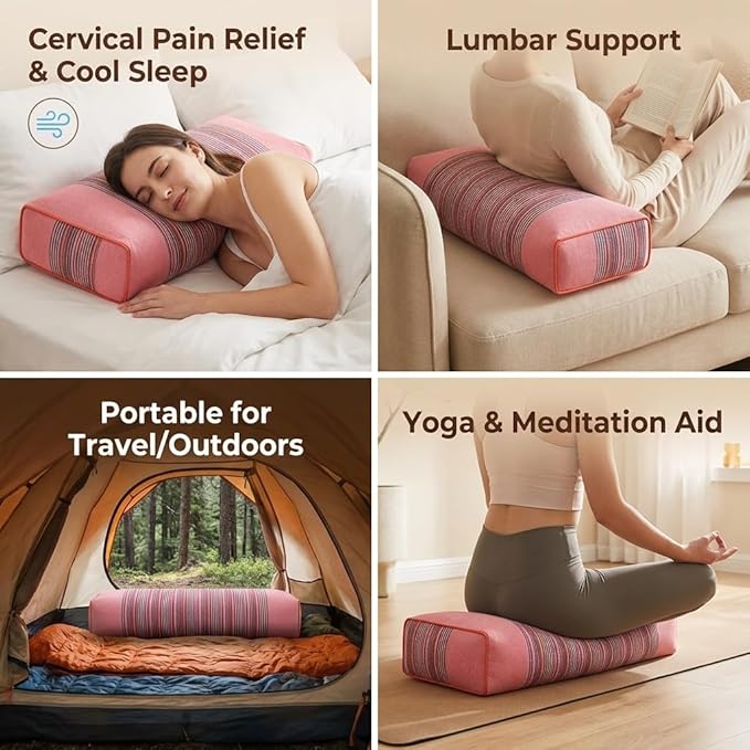 Buckwheat Pillow for Neck Pain Relief 21x8x4in Natural Cooling Cervical Support Adjustable Hull Pillow for Side and Back Sleepers with Night Sweats Organic Hypoallergenic (Light Red)