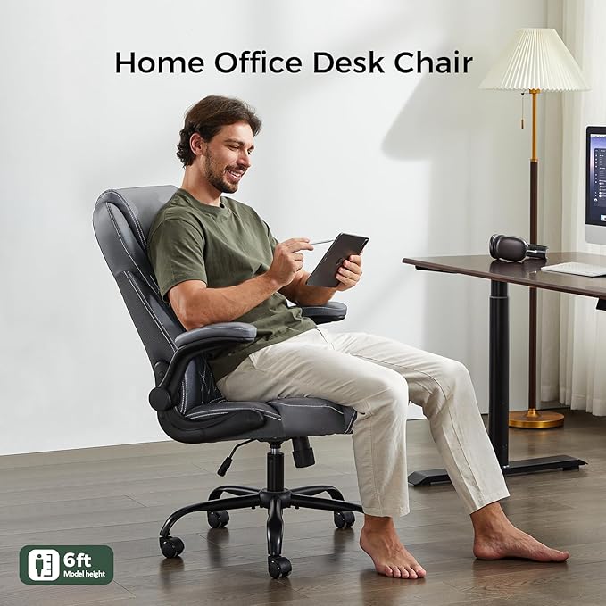 amseatec Office Chair, Executive PU Leather Chair Home Office Desk Chairs, Ergonomic Computer Desk Chair with Adjustable Flip-Up Arms, Lumbar Support Swivel Task Chair with Rocking Function (Gray)