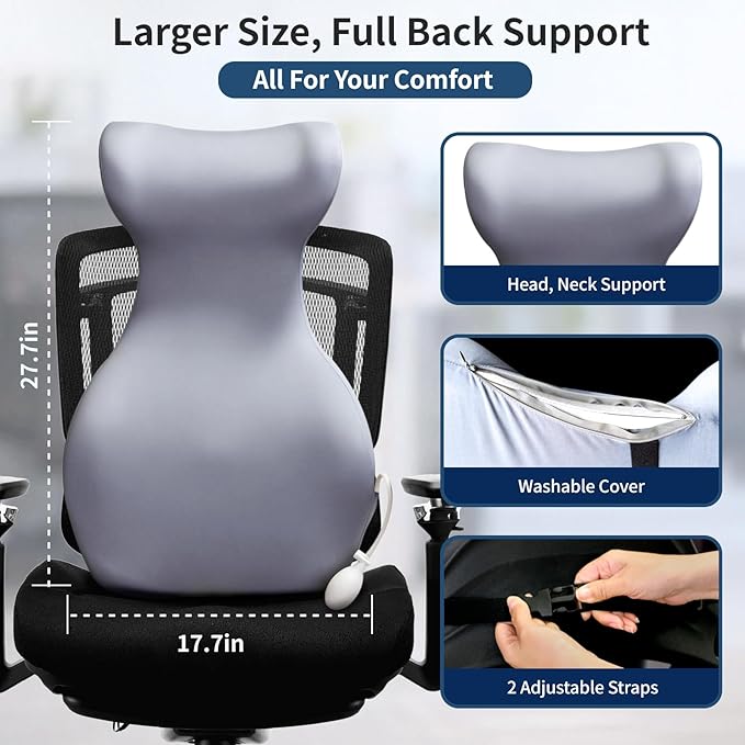 27.7'' Adjustable Inflatable High Lumbar Support Pillow for Office Chair, Full Back Support Pillow for Lower Back Pain Relief, Memory Foam Lumbar Cushion for Gaming Chair, Sofa, Improves Posture