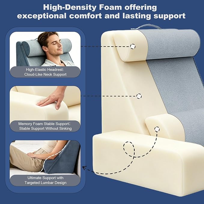 Reading Pillow, Back Pillow for Bed with Adjustable Headrest & Independent Lumbar Support, Detachable Armrest Sit Up Pillow for Bed, Dual Side Storage Pockets for Reading Gaming Nursing Sofa and Dorm