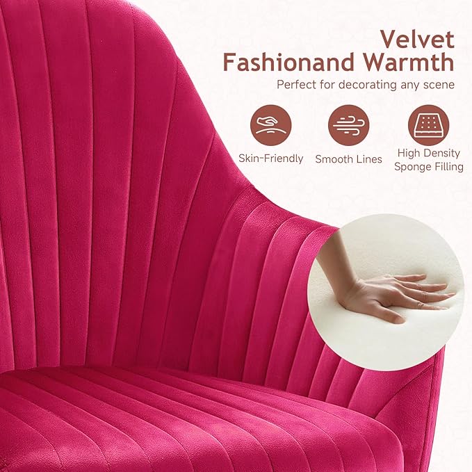 Warmiehomy Velvet Vanity Chair with Wheels, Desk Chair for Home Office, Cozy Office Chair with Arm Rest for Girl Women Bedroom, Hot Pink