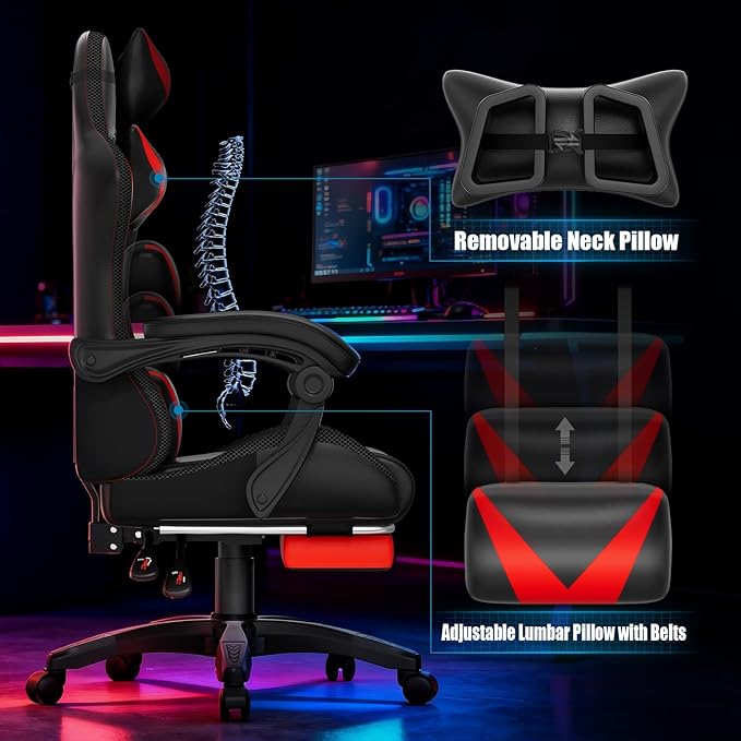 Czlolo Gaming Chair, Racing Style RGB LED Lights Gaming Chairs for Adults and Kids, Lumbar Massager Gamer Chair, High Back Reclining Computer Chair with Footrest and Headrest (Black/Red)