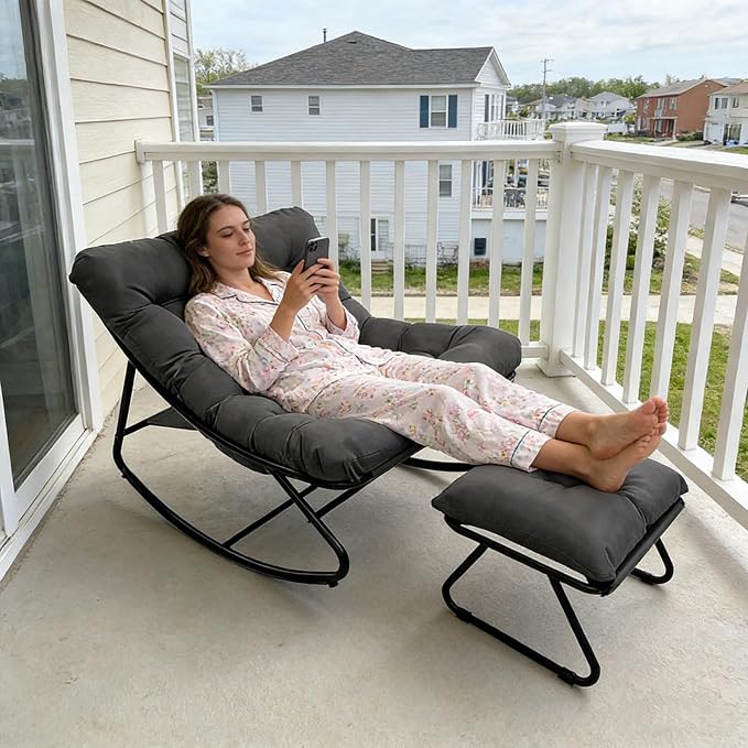 Outdoor Rocking Chair, Rocking Chair with Foot Rest, Comfy Rocker Chairs with Thick Cushion and Frame, Mecedora for Balcony, Living Room, Patio (Grey.)