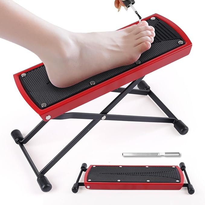 Red Pedicure Foot Rest, 6 Heights Adjustable Non-Slip Metal (Aluminum alloy) + Rubber Foot Stand for Easy at Home Pedicures, Foldable, Modern, Comfortable
