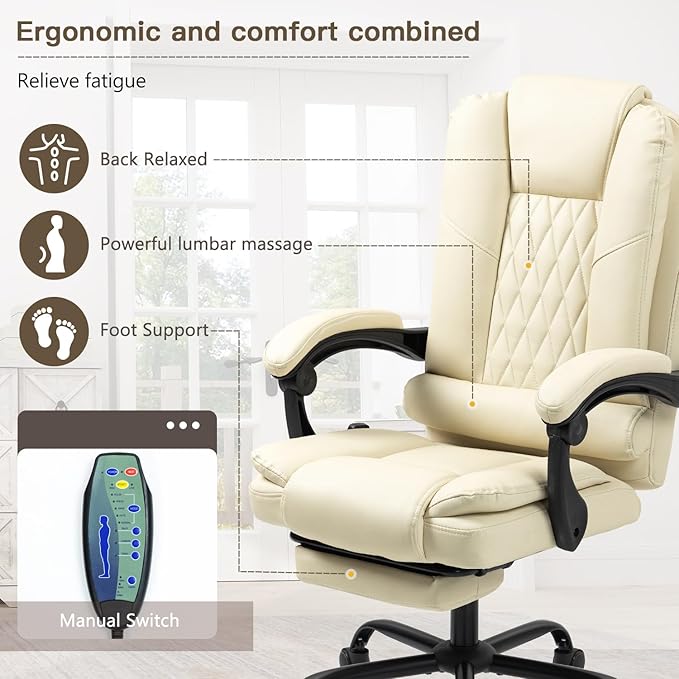 6-Point Heated Massage Office Chair with Footrest, Executive High Back PU Leather Computer Chair with Armrest & Reclining, Ergonomic Home Desk Chair with Lumbar Support, Beige