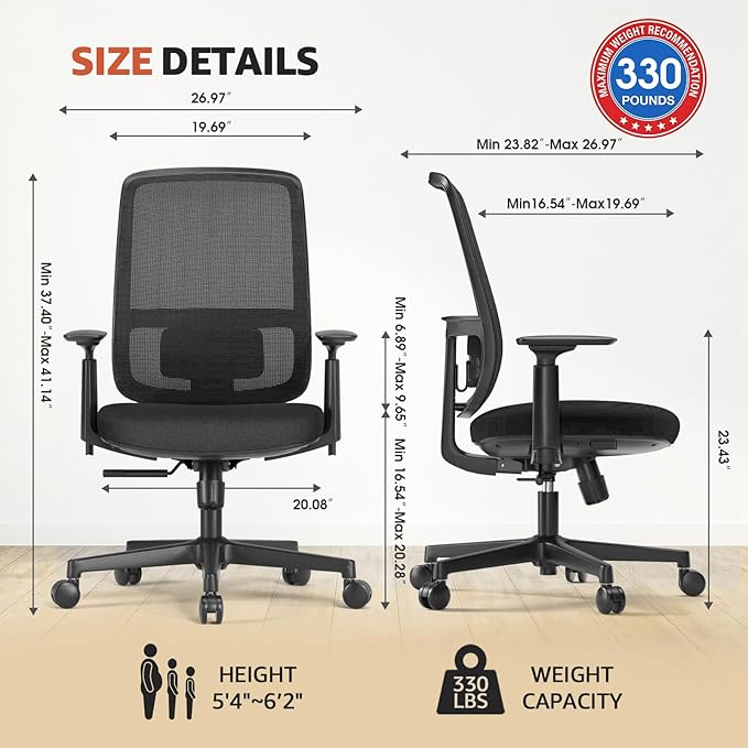 ErgoSift M1 Office Chair Ergonomic Desk Chair, Home Mesh Office Desk Chairs with Adjustable Lumbar Support, Comfortable Computer Gaming Chair, Office Chair for Long Hours (Black)