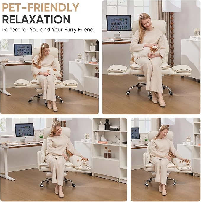 Big and Tall Office Chair with Flip Armrests, Cross Legged Office Chair with Storage Pockets, Comfortable Reclining Computer Chair with Footrest, Wide Home Office Desk Chair, Leather, Beige
