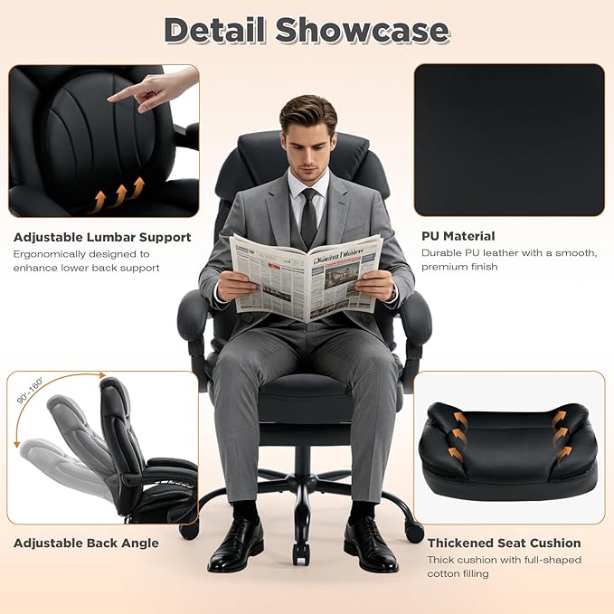 Comfortable Office Chair with Lumbar Support, PU Leather Ergonomic Reclining Office Desk Chair Wide Seat Recliner Office Chair with Foot Leg Rest, Black
