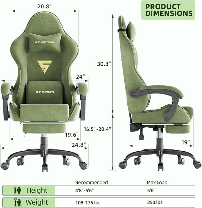 Ferghana Velvet Fabric Ergonomic Gaming Chair with Footrest and Massage, High Back Reclining Computer Gamer Chair for Adult, Racing Style PC Video Game Chair Suitable for Home Office (Green)