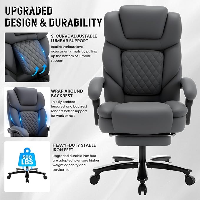 Heavy Duty Recliner Office Chair with Footrest, Wide Seat Big Tall Reclining Office Desk Chair for 500lbs Heavy People, Grey