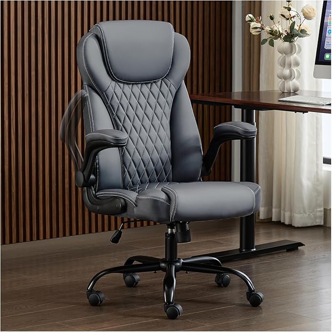amseatec Office Chair, Executive PU Leather Chair Home Office Desk Chairs, Ergonomic Computer Desk Chair with Adjustable Flip-Up Arms, Lumbar Support Swivel Task Chair with Rocking Function (Gray)