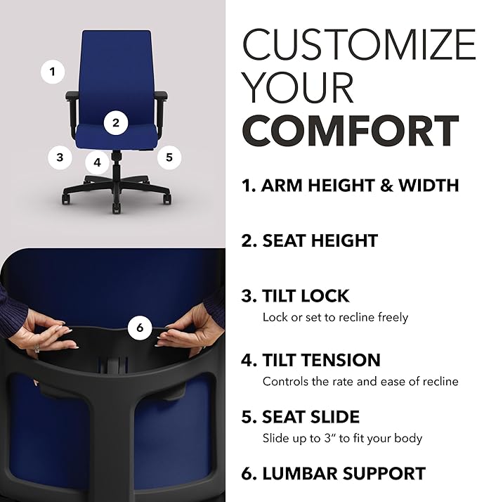 HON Ignition 2.0 Mid Back Task Chair, Spectrum Mesh, Standard Synchro-Tilt Control, Office Chair with Lumbar Support, Height and Width Adjustable Arms, Black Frame, Cobalt
