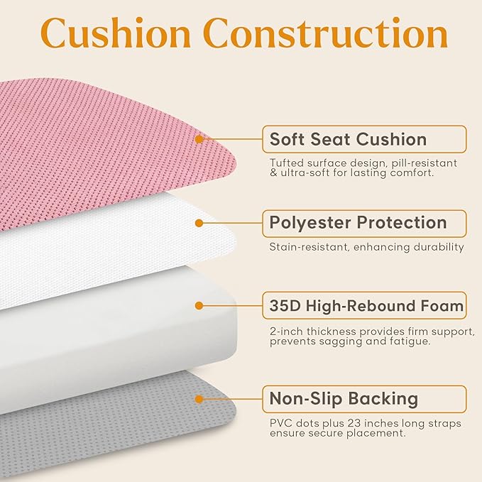 2 Pack Pink Chair Cushions with Ties Removable Covers, D-Shape Dining Kitchen Chair Seat Pads Non Slip 17"x16"